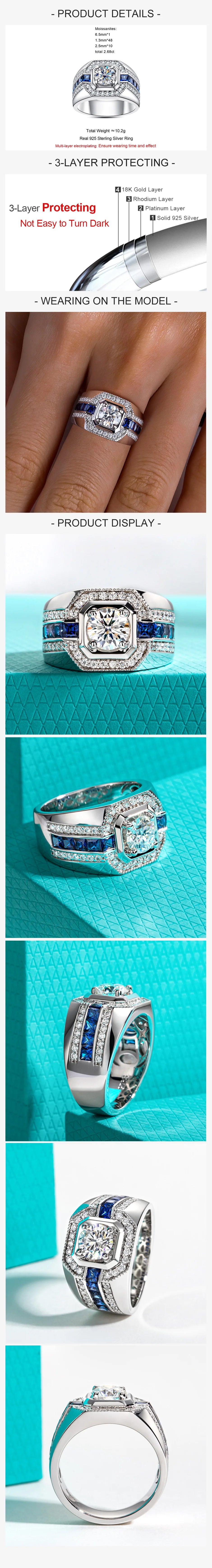 AnuJewel Men's 1ct D Color Moissanite Ring 925 Sterling Silver Gold Plated Retro Luxury Lab Created Diamond Engagement Ring