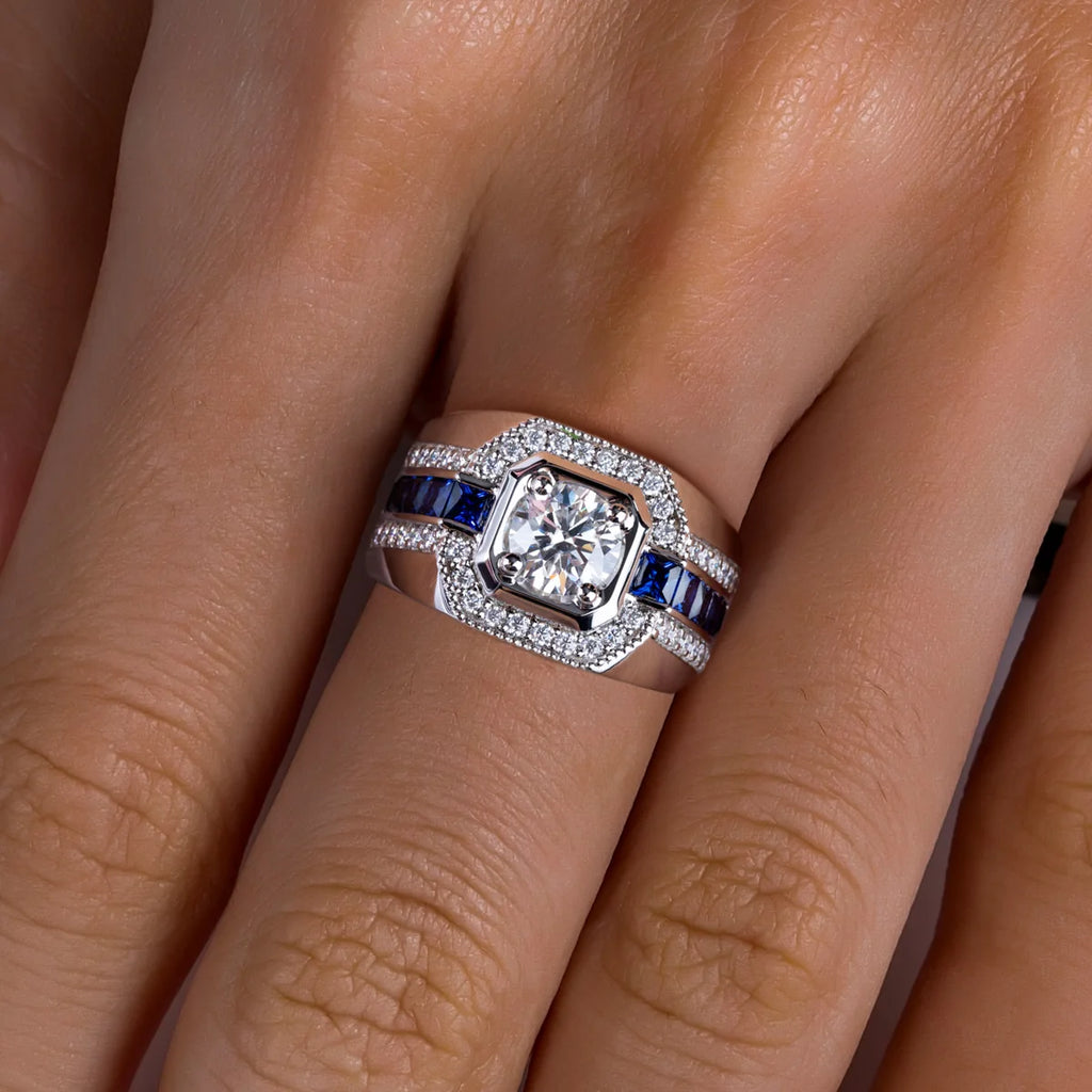 AnuJewel Men's 1ct D Color Moissanite Ring 925 Sterling Silver Gold Plated Retro Luxury Lab Created Diamond Engagement Ring