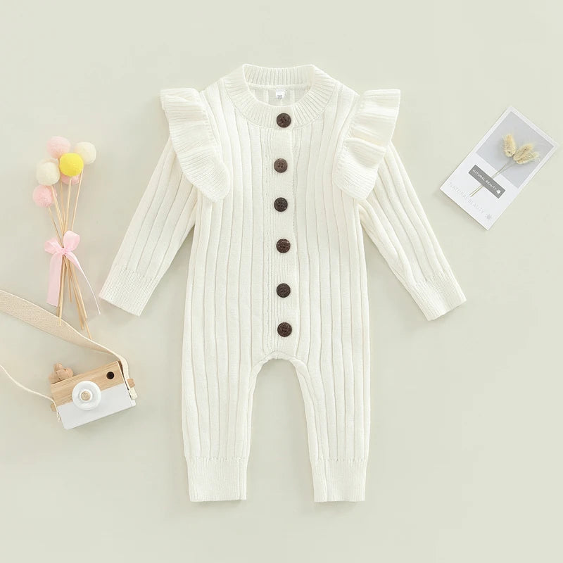Knit Baby Romper — Long Sleeve Button Jumpsuit for Baby Girls (0–18M)