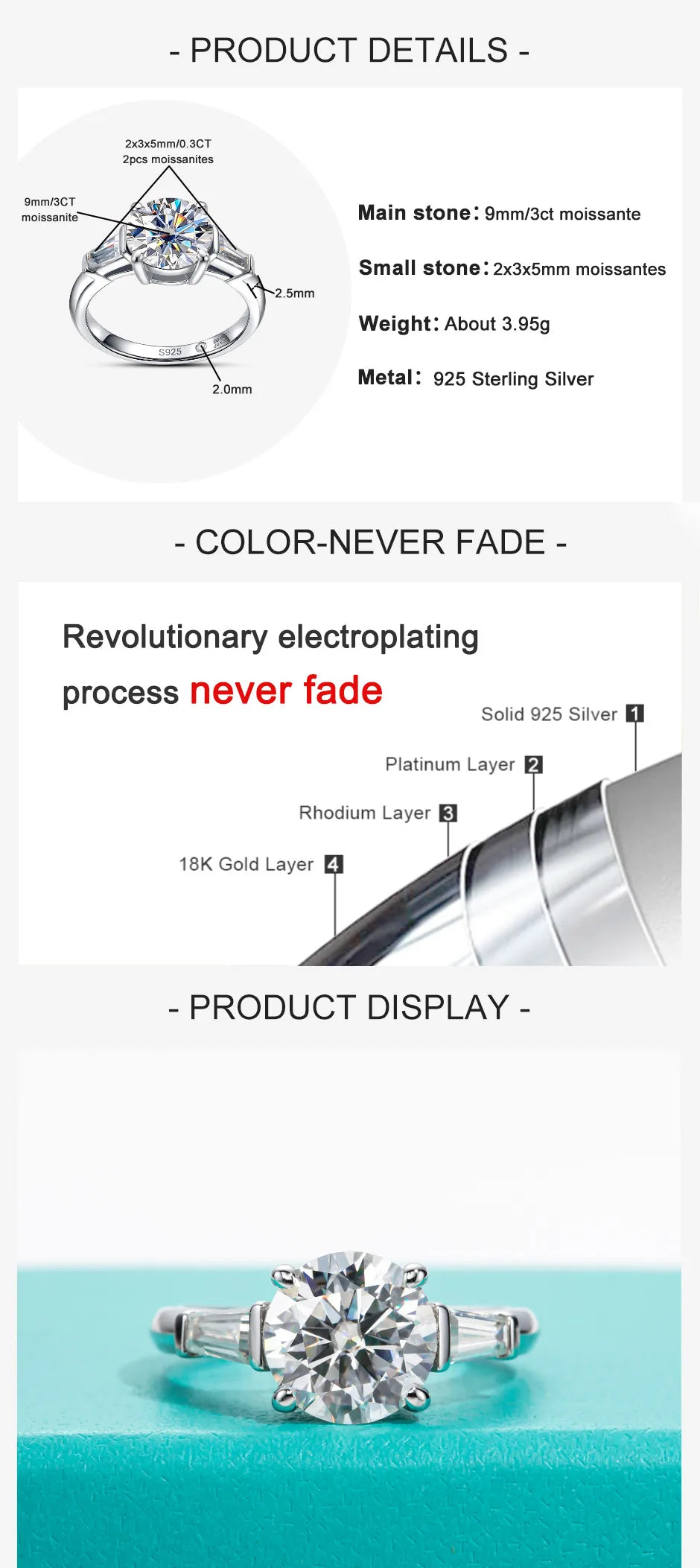 AnuJewel 3ct Moissanite Engagement  Ring  D Color 925 Sterling Silver With Certificate 3-Stone Wedding Rings For Women