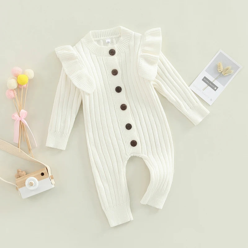 Knit Baby Romper — Long Sleeve Button Jumpsuit for Baby Girls (0–18M)