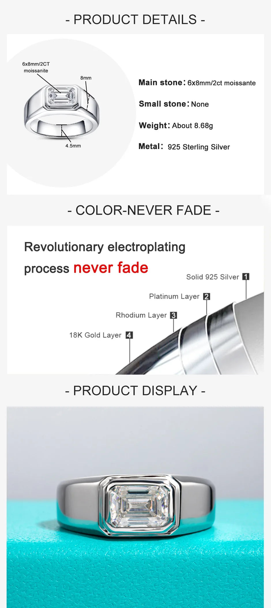 AnuJewel 2ct D Color Emerald  Moissanite Men Ring 925 Sterling Silver 18K Gold Plated Engagement Rings For Man Jewelry Wholesale