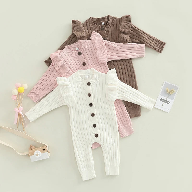 Knit Baby Romper — Long Sleeve Button Jumpsuit for Baby Girls (0–18M)