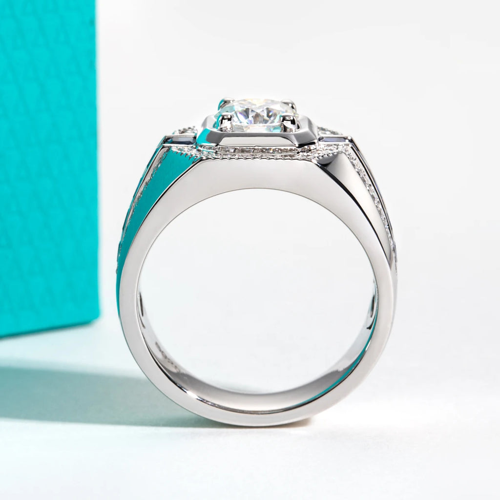 AnuJewel Men's 1ct D Color Moissanite Ring 925 Sterling Silver Gold Plated Retro Luxury Lab Created Diamond Engagement Ring