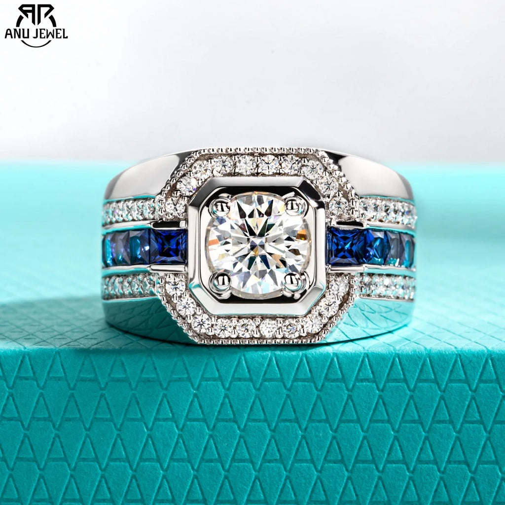 AnuJewel Men's 1ct D Color Moissanite Ring 925 Sterling Silver Gold Plated Retro Luxury Lab Created Diamond Engagement Ring